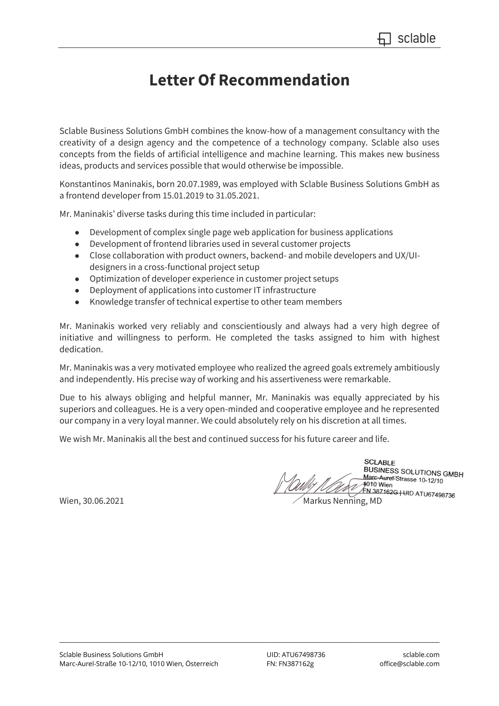 Letter of Recommendation from Sclable